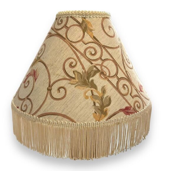 Vintage Lamp Shade Victorian Art Deco Style Fringe Scroll Floral Leaves 8.5"
